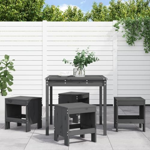 mzdioop Salon de jardin 5 pièces en pin massif gris avec table robuste 82,5 x 82,5 x 76 cm, 4 tabourets empilables, peu encombrants, pour terrasse, balcon, extérieur, détente, barbecue