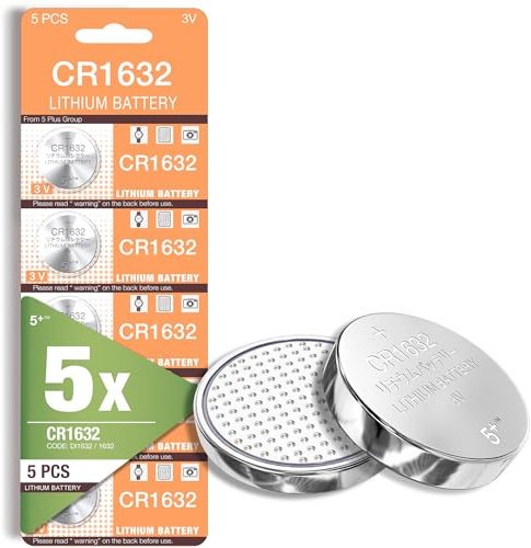 5Plus Group 5 Pcs CR1632 CR 1632 DL1632 LM1632 3V Lithium Battery Mercury free Long Life Strong Power 3 Volt Lithium Flat Batteries for electronic devices Watch household items car remote key