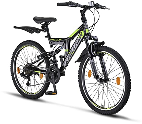 Chillaxx Bike Falcon Premium Mountainbike in 24 und 26 Zoll - Fahrrad für Jungen, Mädchen, Damen und Herren V-Bremse- 21 Gang-Schaltung - Vollfederung (24 Zoll, Schwarz-Lime V-Bremse)