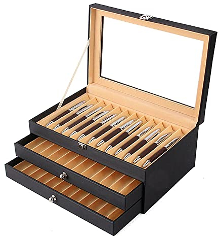 WindWilder Stifthalterbox mit vitrine für 36 Stifte, Schwarz Pen Display Box mit Anzeigefenster, Stiftehalter Box Vitrine Dreischichtig Füllfederhalter Organizer Box Penbox Geschenk