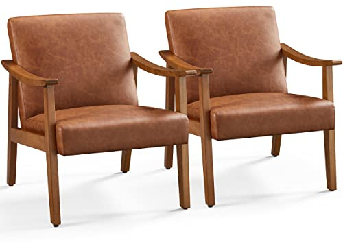 Yaheetech Mid Century Modern Faux Leather Armchair with Wood Frame, Upholstered Living Room, Reading Chair for Bedroom Sunroom Light Brown, Set of 2