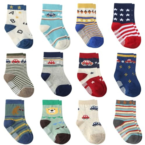 Cottock 12 Pares de Calcetines Antideslizantes para Niños Pequeños Algodón Lindo con Puños, Calcetines Antideslizantes para Bebés (12 pares hora feliz, 1-3 años)