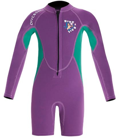 Neoprene 2.5mm Wetsuit for Kids Girls Children Warm Swimsuit Long Sleeve One Piece Shorts Swimwear Front Zipper UV Protection Diving Suit Rash Guard Purple S
