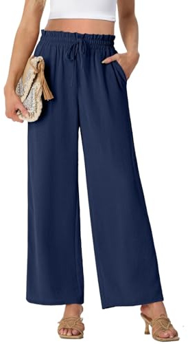 PrinStory - Pantaloni a palazzo a gamba larga da donna, leggeri, estivi, con coulisse, vita alta, casual, dritti, blu navy, M