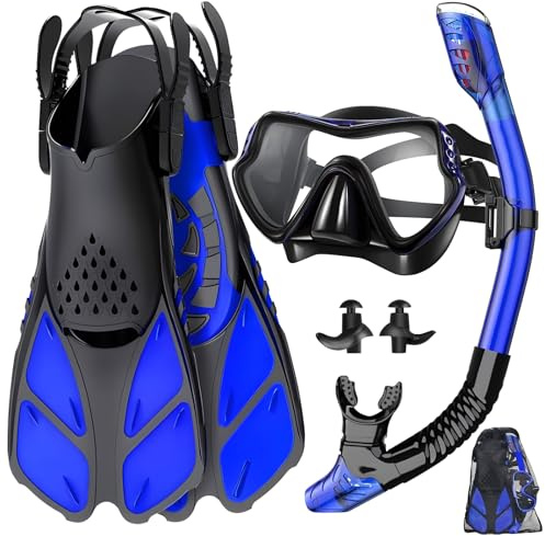 Set da snorkeling 4 in 1 per adulti, uomini e donne, con vista panoramica a 180°, maschera per immersioni subacquee, anti-appannamento, anti-perdite, boccaglio Dry Top, pinne regolabili (Blu, S/M)