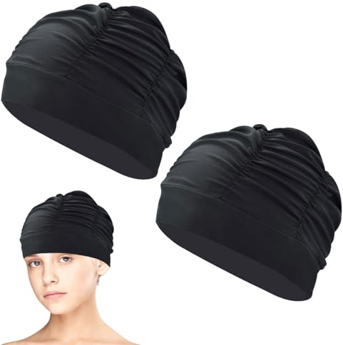 Bonnet de Natation Unisexe, 2 Pièces Bonnet de Natation en Tissu Polyester, Bonnet de Bain Piscine, Confortable Bonnet de Piscine Souple pour Enfant Femme Homme, Noir