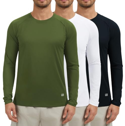 AMZSPORT Paquete de 3 Camisetas Hombre Manga Larga con Protección Solar UV UPF 50+ Camiseta Técnica Transpirable y de Secado Rápido para Correr, Deporte, Outdoor Negro Blanco Verde L
