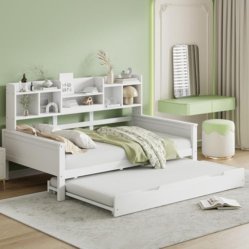 Terahanda Sofá cama extraíble 90 x 200 cm de madera maciza, cama nido 90 x 190 cm, con compartimento contenedor y somier de láminas, cama multifuncional de pino, cama individual (blanco)
