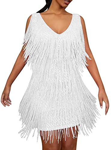 Vestido corto de baile con flecos y lentejuelas para mujer, sin mangas, cuello en V, para graduación, carnaval, club, fiesta, baile latino, vestido corto