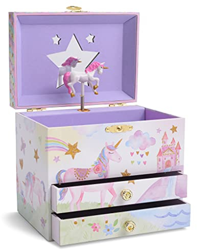 Jewelkeeper Musikalisches Schmuckkästchen Kinder Mädchen - Einhorn Schmuckkasten mit Glitzer Regenbogen - Zwei Schubladen - Schmuckdose Kinder - Fördert Kreativität - The Beautiful Dreamer Melodie