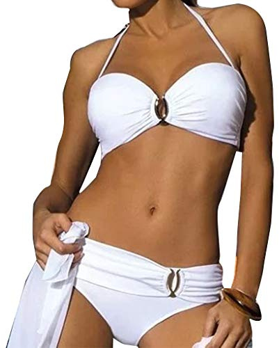 Women Sexy 2pcs Bikini Set Halter U-Clip Underwire Swimsuit Solid Bathing Suit White M