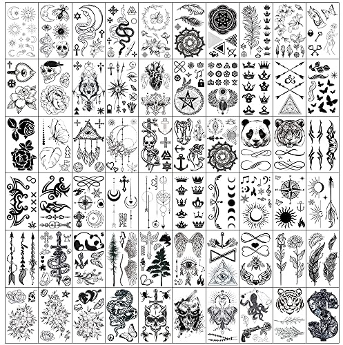 Esland 330+ Realistic Black Temporary Tattoos for Adults, 60 Pcs Vintage Skeleton Snake Tattoo Designs, Crowns, Arrows, Sun Moon Stars, Line Flowers, Butterfly, Feather, Infinite Love Tattoo Stickers