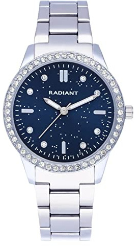 Radiant - Universe Kollektion - Analog Quarzuhr - Armbanduhr für Frauen. Silbernes Armbanduhr mit blauem Zifferblatt, silbernem Armband und glänzenden Steinen auf der Lünette. 3ATM.