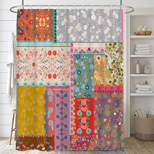 Lofaris Boho Patchwork Shower Curtains for Bathroom Bohemian Style Stitching Colorful Floral Vintage Retro Shower Curtains Bathtubs Waterproof Fabric Curtain Set Decor with 12 Hooks 72x72 Inches