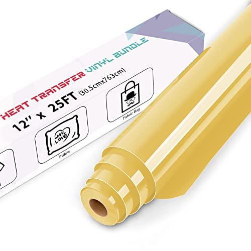 IModeur 25 Ft Gold Heat Transfer Vinyl — 30.5 x 763 cm Iron on Vinyl for Fabric, PET Backing HTV Roll for T-Shirts, Clothes, Hats, Bags and Other Textiles, Easy to Weed