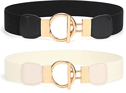 WHIPPY 2er-Pack elastischer Taillengürtel für Damen Vintage Hüftgürtel dehnbarer Kleider Gürtel Breite 4cm，schwarz/beige 80cm