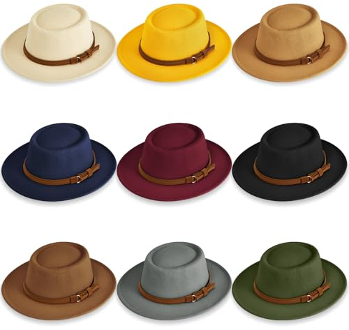 9 Pcs Wool Fedora Hat for Women Vintage Boho Style Felt Hat with Decorative Belt, Jazz & Panama Inspired Headwear for Casual Outfits (Classic Color)