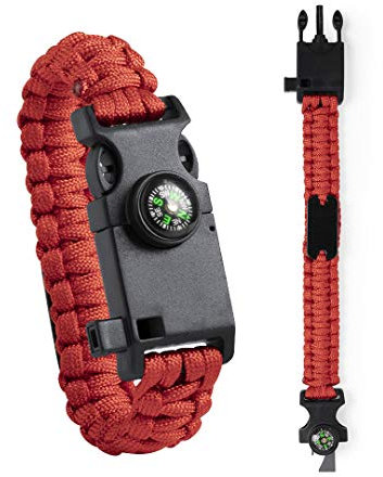 Pulsera de Supervivencia Paracord, Abridor, Iniciador de Fuego Ferrocerio, Silbato, Brújula, Sierra, Cuerda, Kit de Emergencia, Nylon, Chapa Grupo Sanguineo, Nylon. (Pulsera Supervivencia Roja)