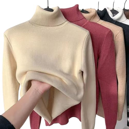 Pull d’Hiver en Tricot épais en Molleton, Laine pour Femmes, Col Rond ou Col Roulé Chaud (Medium, Apricot)