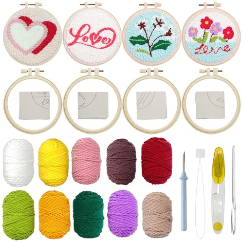 Allazone Punch Needle Startpaket, 4 st broderikit med mönster och brodering, broderiset för nybörjare, vuxna och barn, hjärta och blomma