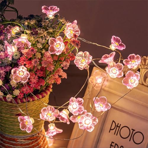 JZK 3m Warm White led Pink Flower String Light Solar Powered Silver Copper Wire Fairy Lights Waterproof Outdoor Garden Decorative Light for Christmas Party Wedding Decoration Bedroom Ornament
