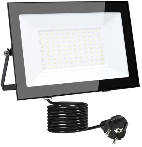 MOLVCE LED-strålkastare utomhus 100 W 3000 K varmvit, aluminium superljus 8500 LM LED-strålkastare med kontakt och 3 meter kabel, IP66 vattentät utomhusstrålkastare för trädgård, parkeringsplats