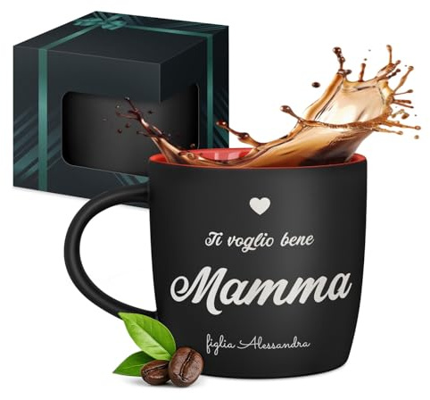 Maverton Tazza da caffè latte o tè in ceramica - 400 ml - Incisione personalizzata - Bicchiere con manico per bevande per Lei - Tazze da colazione per compleanno donna - Interno rosso - mamma
