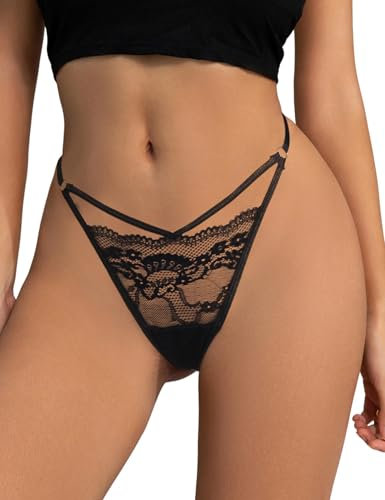ohyeahlady Micro String Tanga Damen Sexy Mini Thong Erotisch Hipster Höschen Spitze G-String Große Größen T-Back Transparent Unterwäsche Mollige Frauen Niedrige Taille Unterhosen Panty Slip Schwarz,M