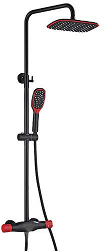Thermostat Duschanzug mit Wannenauslauf und Handbrause Wasserfall Duscharmatur Set - Höhenverstellbarer Regenduschkopf Anzug - 3 Funktionen - Chrom (Rot)