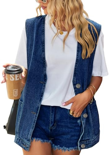 Vanchenl Women's Casual Denim Vest Button Down Oversized Waistcoat Sleeveless V Neck Jean Jackets Dark Blue L