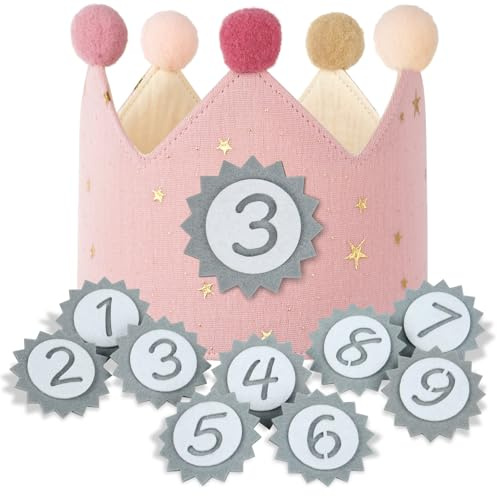URAQT Corona Cumpleaños Infantil con Números Intercambiables del 1 al 9, Tela Cumpleaños 1 Año con Ajustable Aniversario Años o Meses, Unisex (Rosa + Dorado)