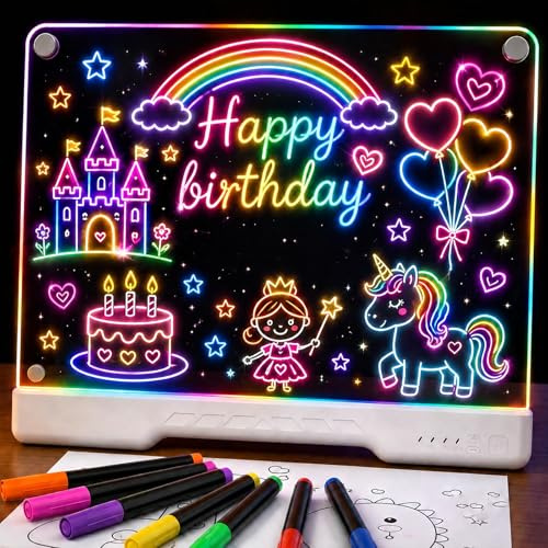 Tabla de Dibujo LED 16 Pulgadas Recargable, Pizarra Neon Art de Borrado en Seco con 7 Modos de Color y Brillo Ajustable, Juguete Creativo y Regalo para Niños, Niñas y Adolescentes