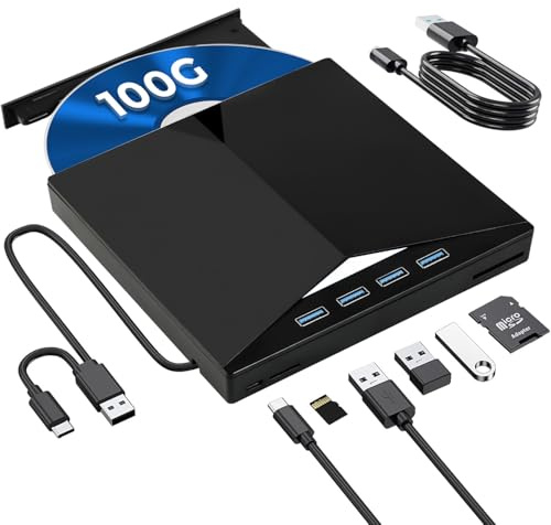 FJXMZQ 8 en 1 Lecteur Blu-Ray Externe, Réel Graveur Blu Ray Externe avec USB 3.0 Type-C Portable Lecteur DVD Blu Ray Externe pour Pc, 3D CD DVD Lecteur Bluray Drive pour Windows 10 8 7