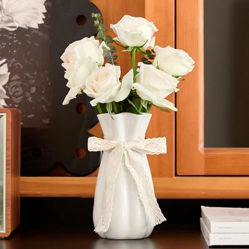 SEUYUCL White Ceramic Flower Vase, 20cm Modern Decorative Vase for flowers | Minimalism Boho Vases for Home Decor, White Vase for Table Centerpieces Bedroom Living Room Office Wedding Farmhouse Decor