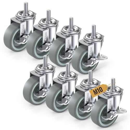 HOLKIE Castor Wheels 75mm with Brakes Stem Castors Set of 8 Heavy Duty, M10 x 1.5 x 25mm Threaded Stem Caster Locking Swivel Trolley Furniture Casters Grey