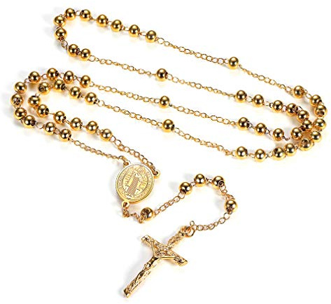 FaithHeart Collana Rosario Oro Uomo Cattolico Collana Donna Rosario San Benedetto San Cristoforo Perline Argento 66+16 CM Regolabile Regalo Religioso