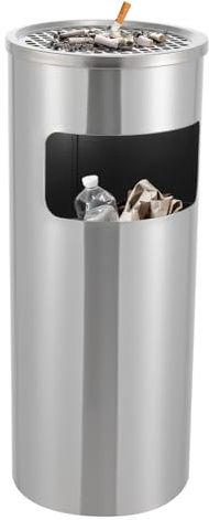 Contenedor de cigarrillos de cenicero de pie de acero inoxidable, Contenedor de basura para cenicero de interior y exterior de 30L (Plateado)