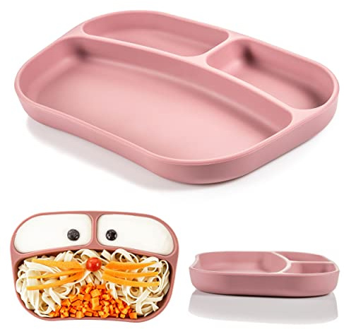MiaMia - Piatto Tripartito Bambini in Silicone - Piatto Pappa Svezzamento per Tavola e Seggiolone, Antiscivolo e Lavabile in Lavastoviglie (rosa)