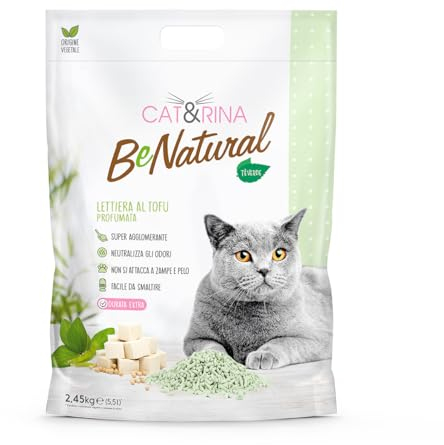 Cat&Rina BeNatural, 5,5 l de litière pour Chat au Tofu. Litière agglomérante végétale. Jusqu'à 30 Jours d'utilisation et jetable dans Les Toilettes. Litière pour Chat au Thé Vert.