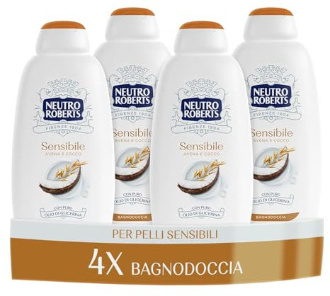 Neutro Roberts Bagnoschiuma Corpo Sensibile con Avena e Cocco, Ideale Per Pelli Sensibili, Ingredienti di Origine Naturale, Senza Sapone, Dermatologicamente Testato, 4 Flaconi da 600 ml