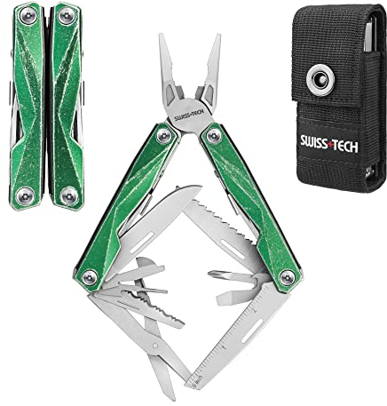 Swiss+Tech Multifunktionszange 16-in-1, Faltbare Mulitool Edelstahl Multifunktionswerkzeug, mit Schere, Messer, Säge, Flaschenöffner für Camping, Outdoor, Reparieren, mit Tragtasche, vintage grün