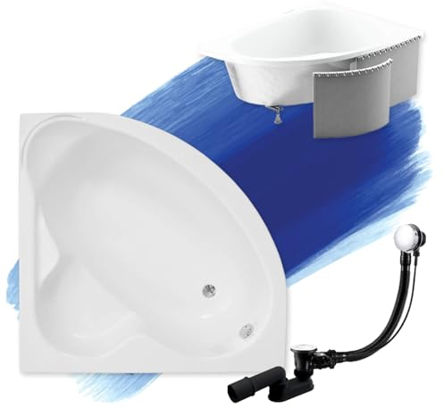 Baignoire d'angle BADLAND - Blanc - En acrylique - Standard - 120 x 120 cm - Kit complet avec revêtement en polystyrène de qualité supérieure + pieds et bonde automatique chromée exclusive - Fabriqué