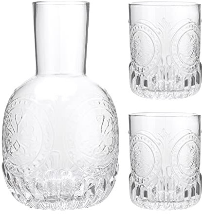 JUKIDS Set di caraffa d'acqua e vetro per comodino camera da letto, caraffa trasparente con 2 bicchieri di vetro, caraffa da comodino in cristallo