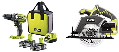 RYOBI - Perceuse-Visseuse Sans Fil 18V ONE+ - Spécial Perçage Gros Diamètres - 2 Vitesses - Livrée avec 2 Batteries 1,5Ah Li-ion, 1 Chargeur et 1 Sac & Scie Circulaire 18 V ONE+ Lame Ø 150 mm