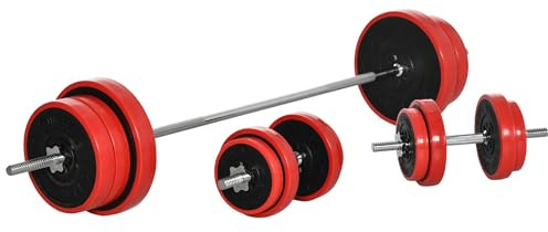 HOMCOM Set Bilanciere con Dischi Pesi 65kg Totali in Sabbia di Ferro, Metallo e Gomma, Rosso
