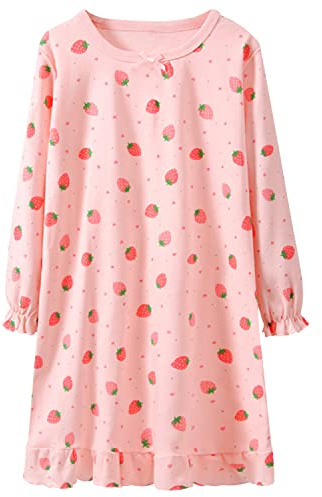 ANIMQUE Ragazze Camicia da Notte Cotone Manica Lunga Pigiama Abito Bambini Fragola Carina Girocollo Famiglia 2-16 Anni, Piccola Fragola Rosa 150