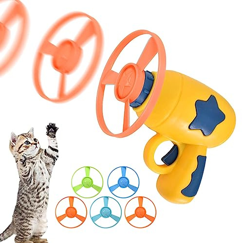 HsentimenH Jouet Coloré Interactif Chat, Hélices Volantes Colorées Jouet à Disque Volant Interactif avec 1 Lanceur et 5 Disques Couleur Aléatoire, Jouet pour Chats Chien Animaux Interactif