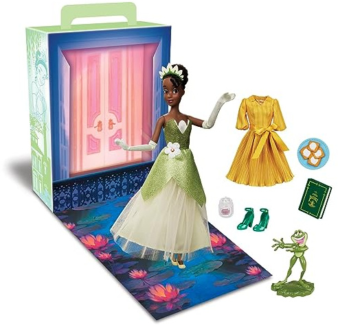 Disney Store Offizielle Tiana Story-Puppe, 27,9 cm, inklusive Malbuch und zusätzlichem Kleid, Prinzessinnen-Puppe im klassischen Outfit, Disney-Prinzessinnen-Spielzeug für Mädchen