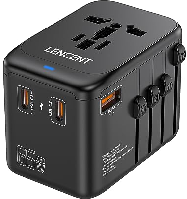 LENCENT GAN III 65W Adattatore da Viaggio Internazionale, Adattatore Presa Universale con 1 USB-A e 3 USB-C Ricarica Rapida, Spina Universale per Viaggiare, Spina Tipo A/C/G/I (USA/EU/UK/AUS) -Nero