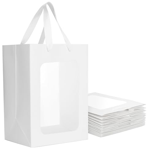 EUSOAR Sac Cadeau avec Fenêtre - 10 Pièces Blanc Sac en Papier avec Poignée - 210GSM Sac Cadeau pour Anniversaire - 18x13x25cm Boîte de Cadeau en Papier Kraft Sacs à Provisions Célébrations